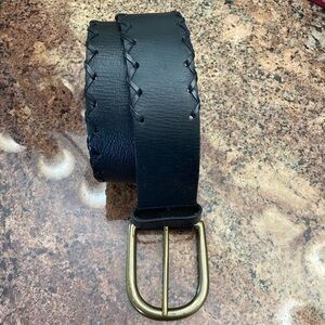 WOMEN'S GENUINE LEATHER BLACK BELT braided edges, brass like Buckle soft Size L